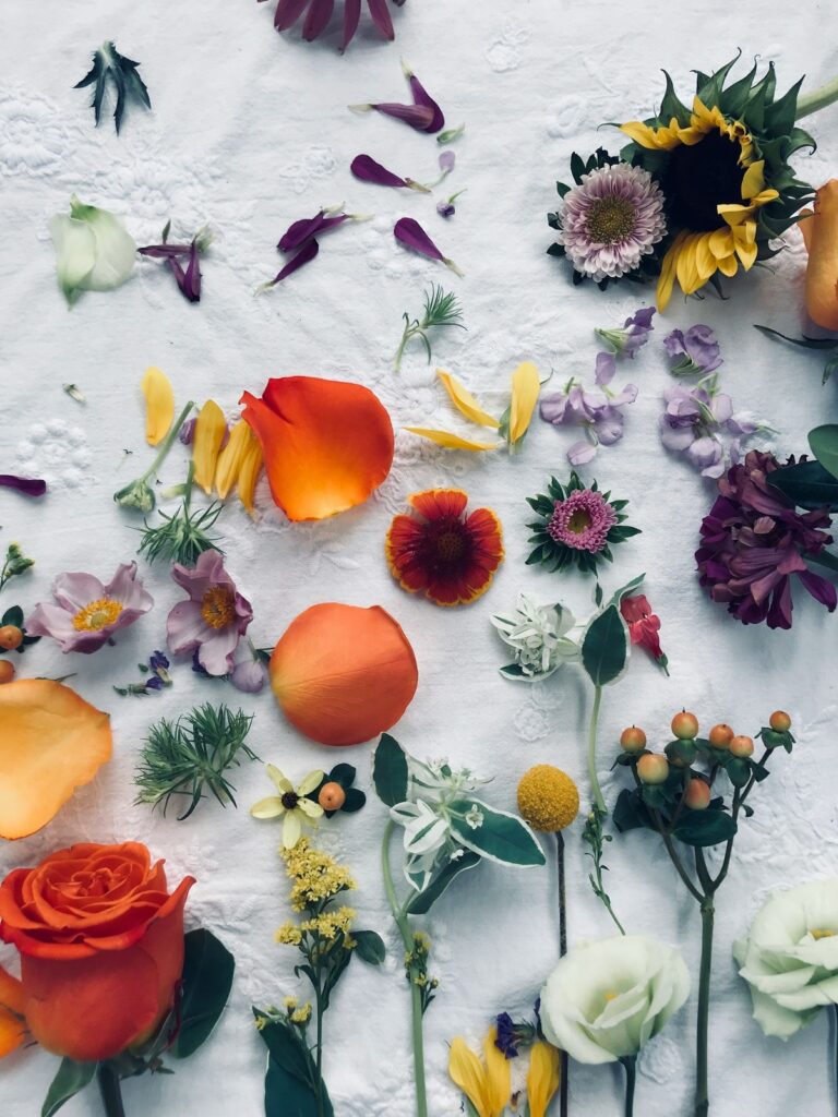 Cut flowers on a table.